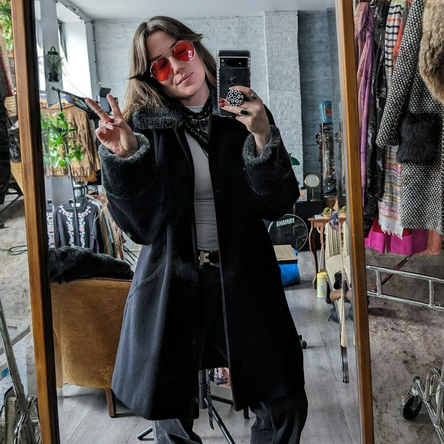 Vintage Black Wool Minimalist Trench Coat Fuzzy Faux Fur Dark Academia Jacket