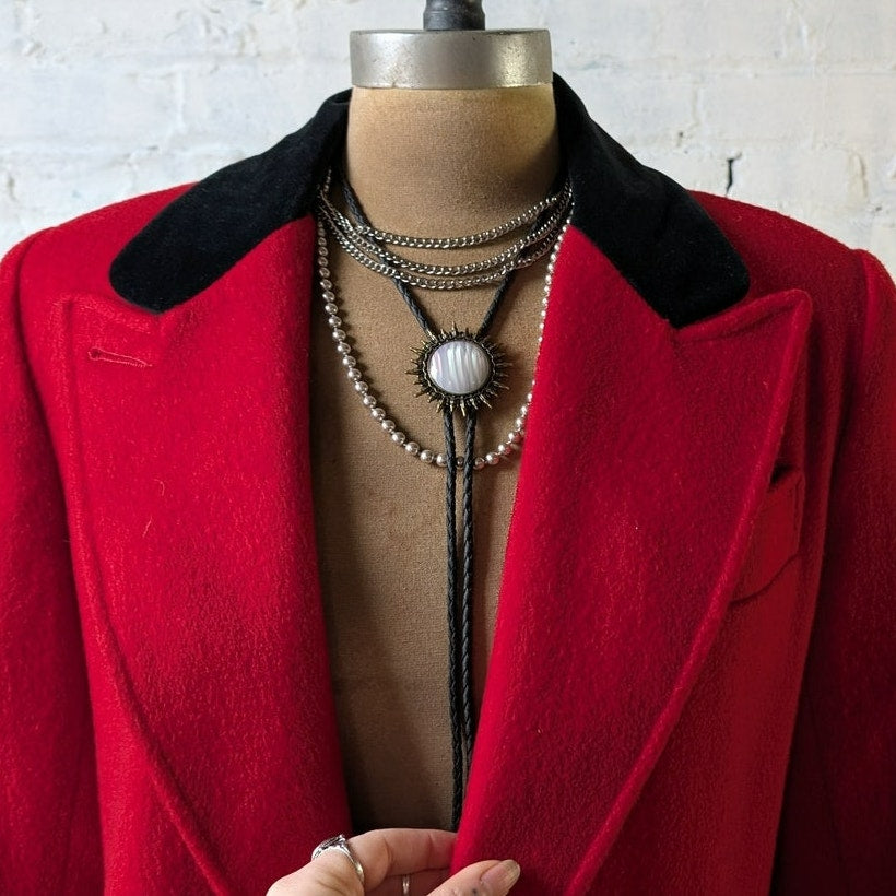 Vintage Red Wool Trench Coat Statement Velvet Collar Dark Romance Pleated Jacket