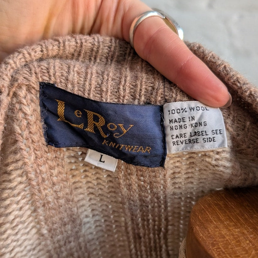 Vintage Wool Neutral Knit Cardigan Zipper Chunky Stripe Sweater Cozy Shacket