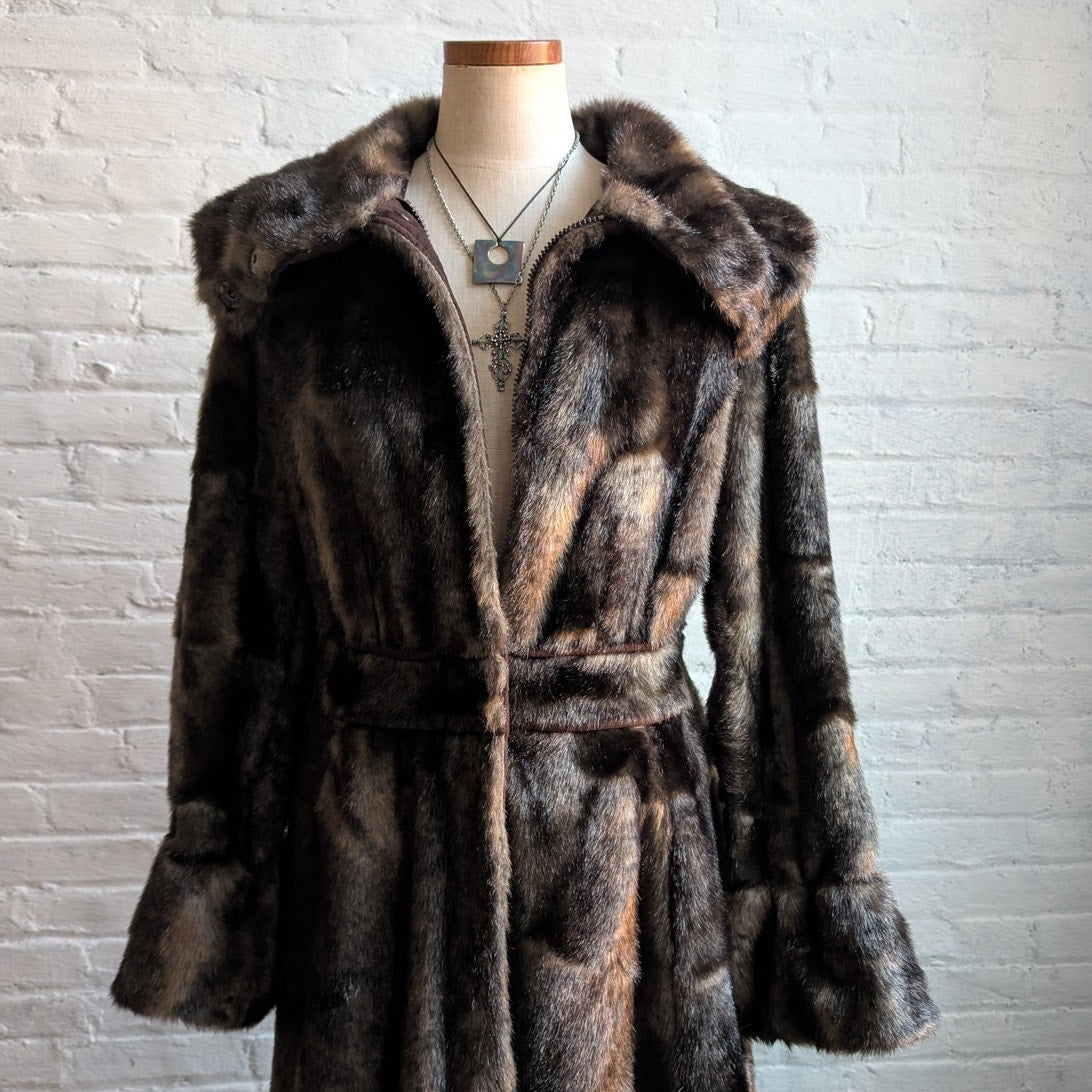 Vintage Brown Faux Fur Afghan Penny Lane Jacket Shaggy Furry Boho Trench Coat