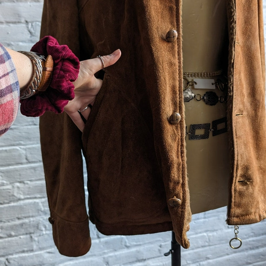 Vintage Burnt Orange Suede Leather Bomber Jacket Rusty Brown Western Chore Coat