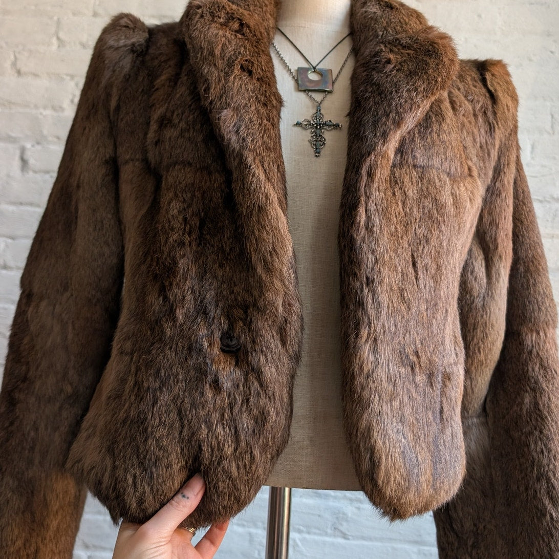 Vintage Brown Rabbit Fur Coat Crop Penny Lane Shaggy Furry Chic Mod Jacket