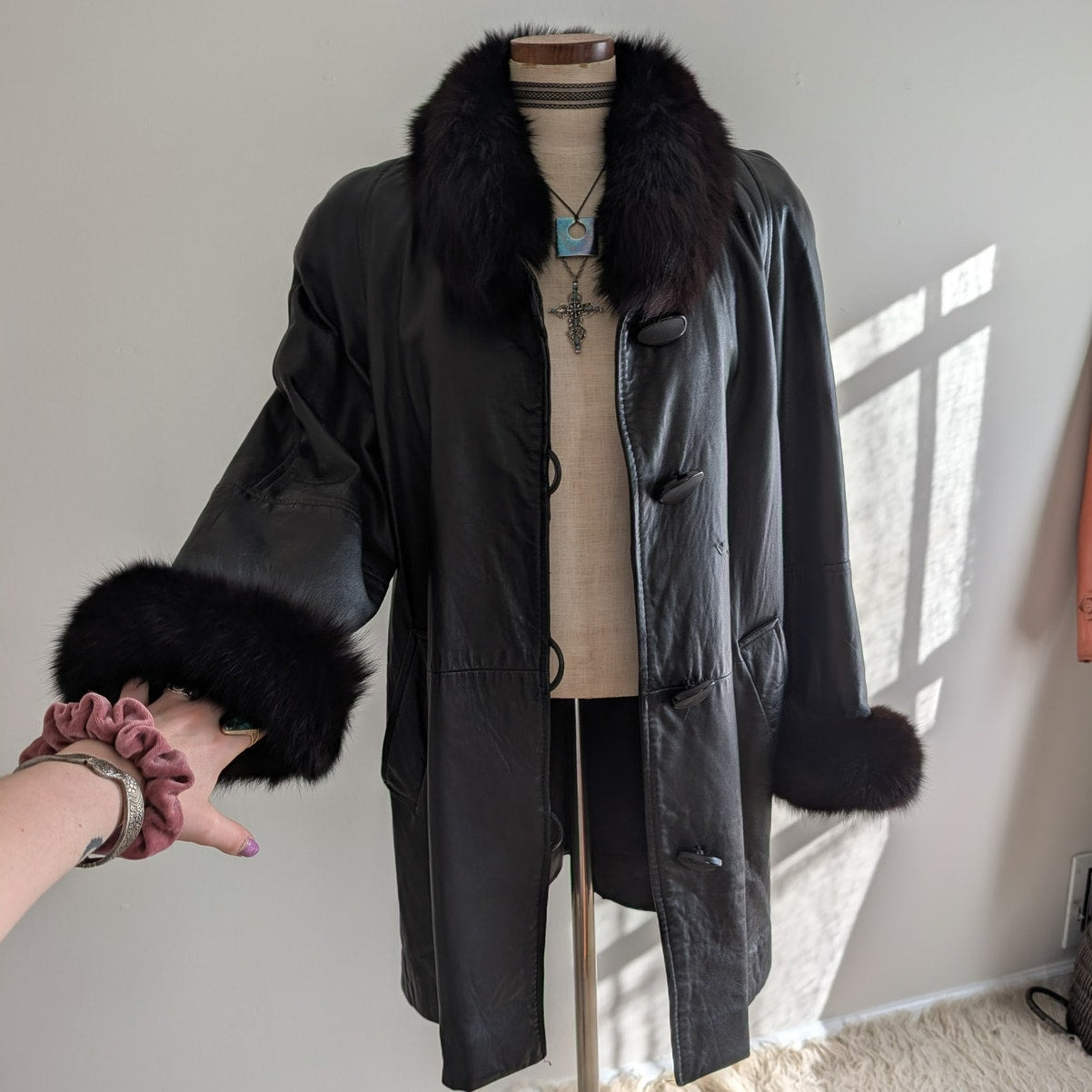 Vintage Black Leather Penny Lane Jacket Fur Trim Goth Afghan Trench Coat Small