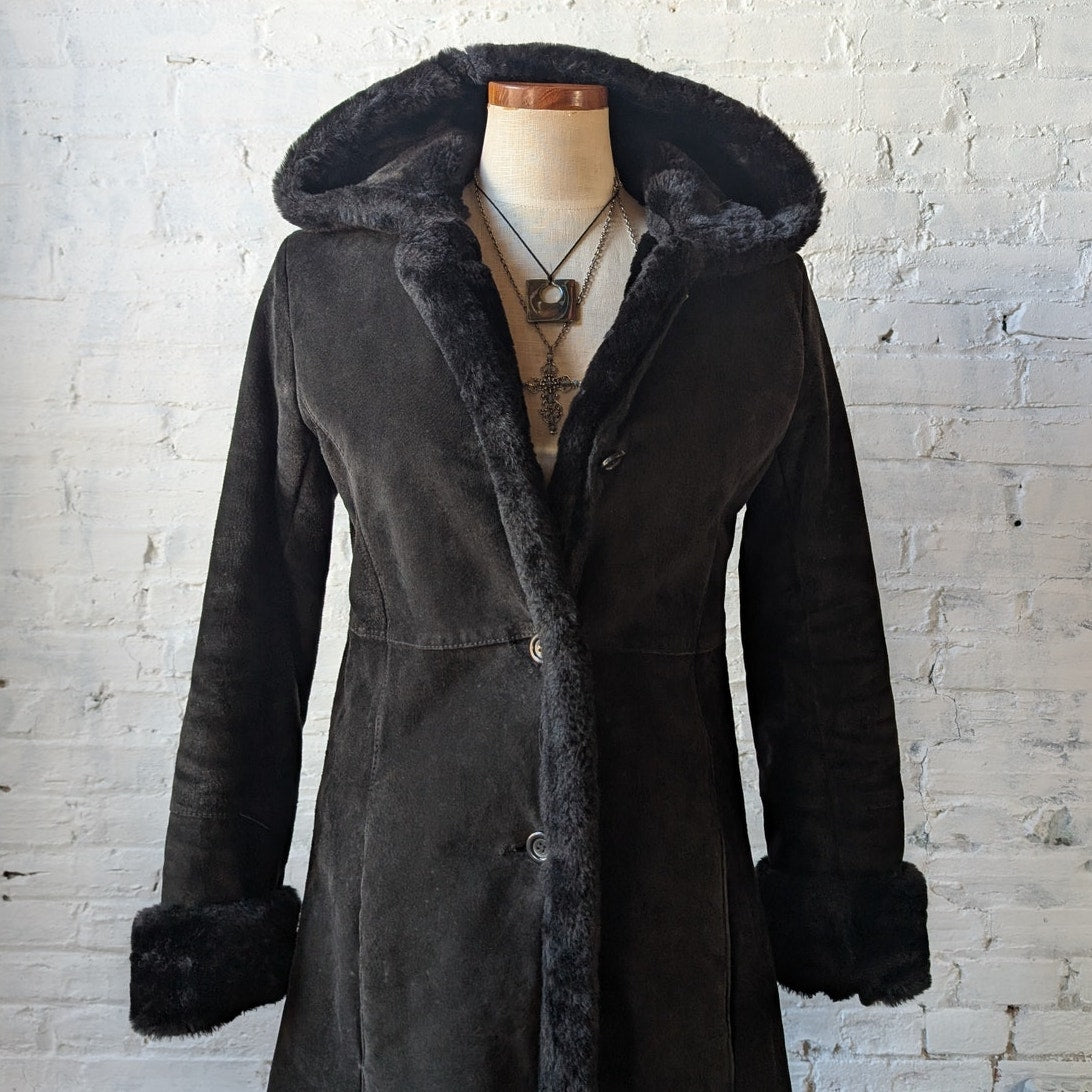 Vintage Black Suede Leather Penny Lane Coat Faux Fur Trench Minimalist Jacket