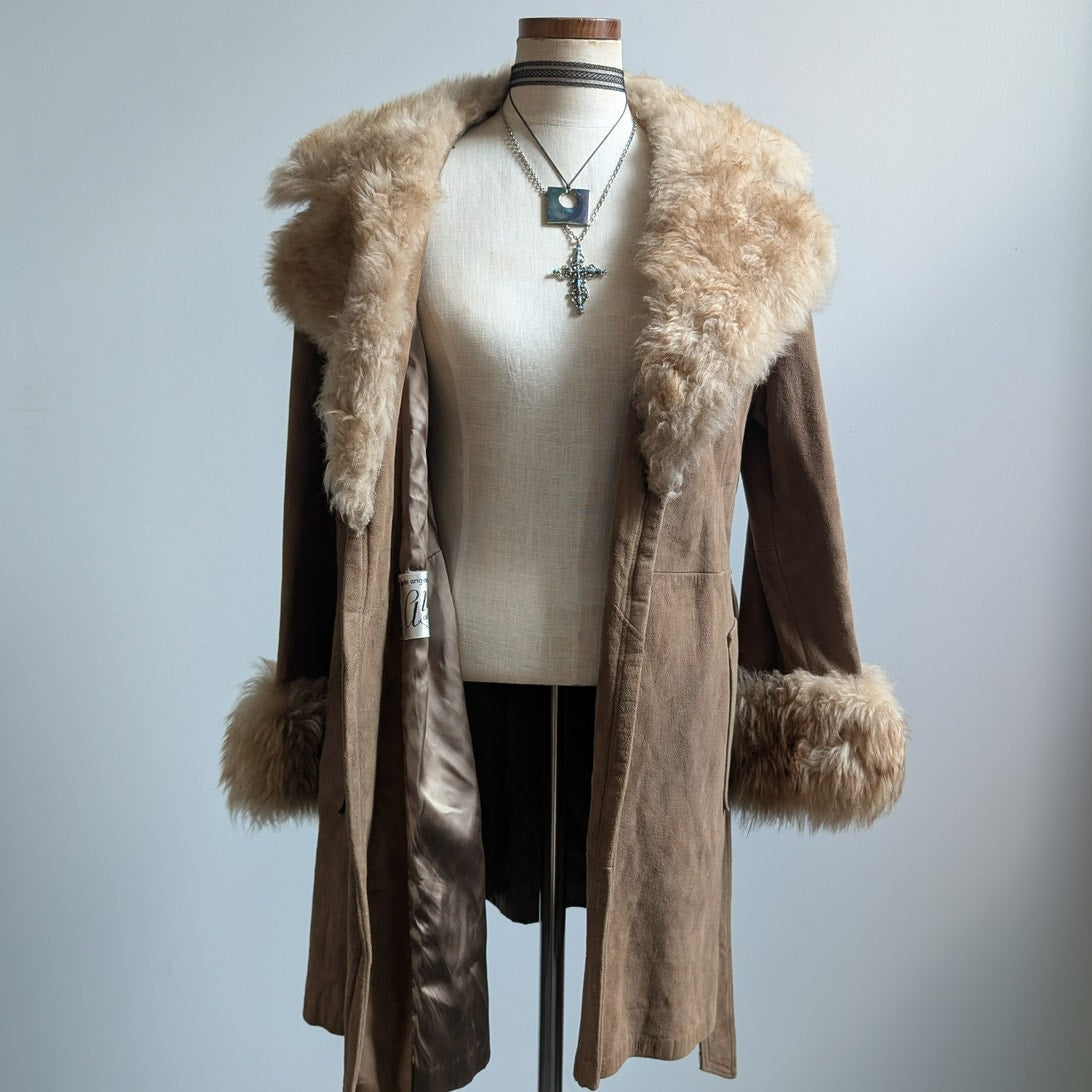 Vintage Brown Leather Penny Lane Coat Tan Suede Fur 70s Afghan Jacket Medium