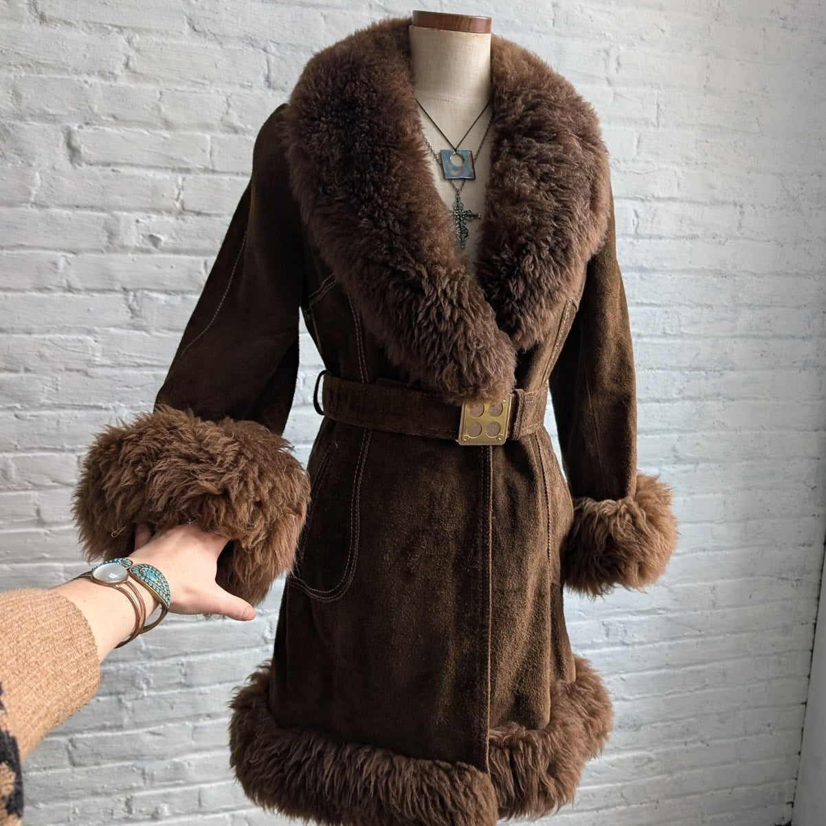 70s Brown Suede Jacket Penny Lane Fur Furry Leather Groovy Vintage Trench Coat