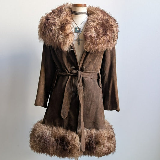 Vintage Brown Suede Fur Trim Penny Lane Jacket Genuine Leather Trench Coat Small