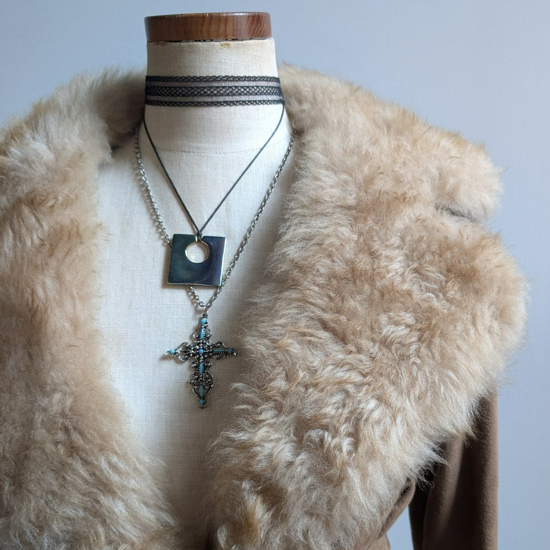 Vintage Brown Leather Penny Lane Coat Tan Suede Fur 70s Afghan Jacket Medium