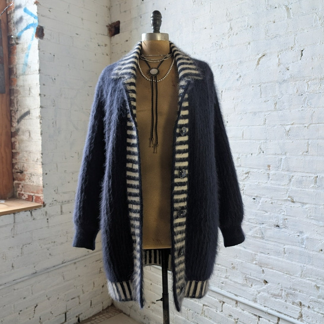 Vintage Blue Stripe Knit Sweater Jacket Furry Mohair Cardigan Granny Coat Medium