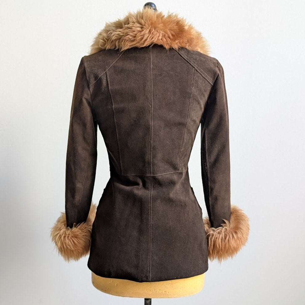 Vintage Brown Suede Penny Lane Jacket Groovy Furry 70s Leather Western Coat Smal