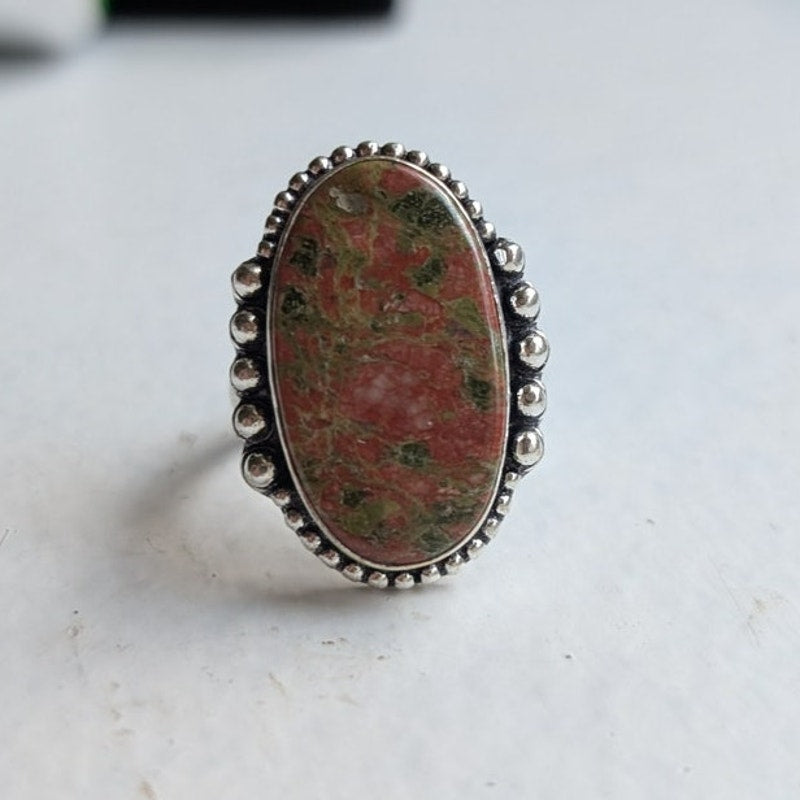 Earthy Green Pink Natural Stone Ring Boho Chic Sterling Silver Vintage Size 9