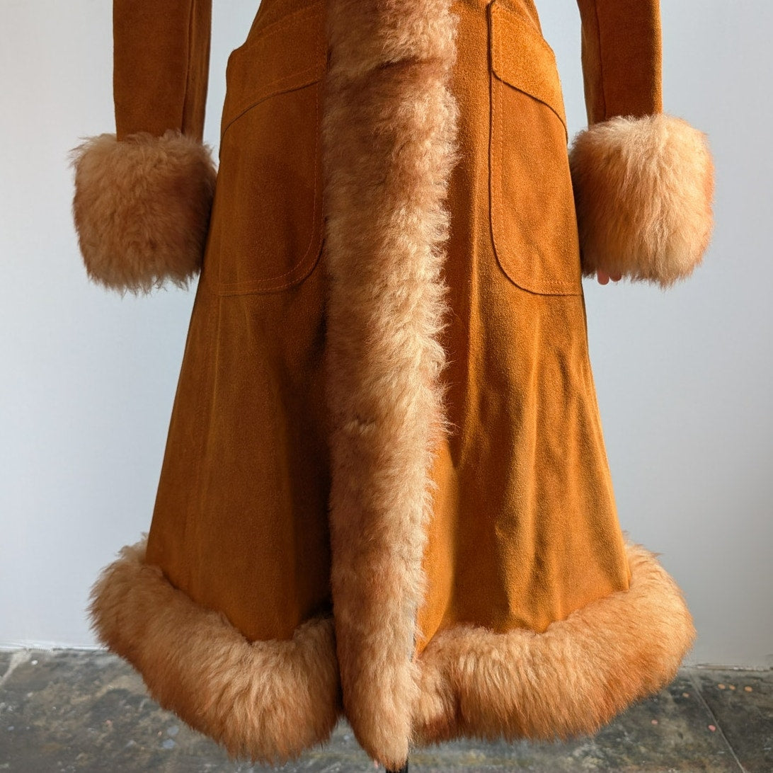 Vintage Orange Suede Penny Lane Afghan Trench Coat Fur Trim 70s Leather Jacket S