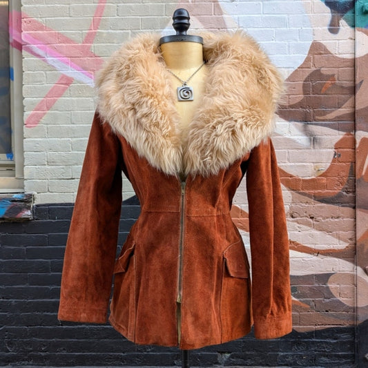 70s Penny Lane Groovy Suede Fur Jacket Furry Genuine Leather Mod Trench Coat