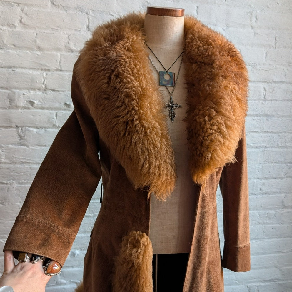 Vintage Brown Suede Penny Lane Jacket Fur Furry Leather Groovy Mod Trench Coat