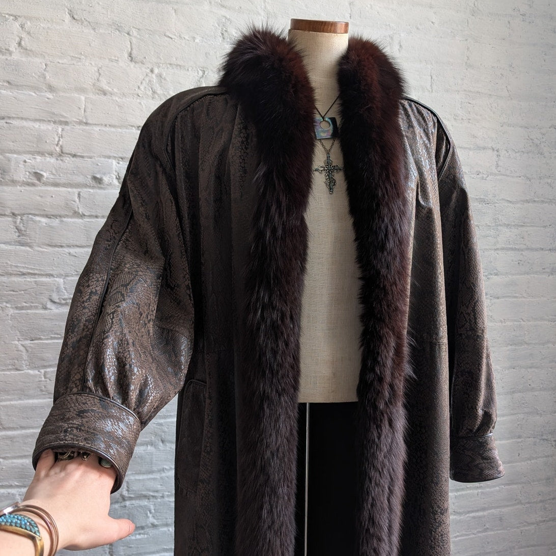Vintage Black Leather Snakeskin Trench Coat Minimalist Penny Lane Fox Fur Jacket