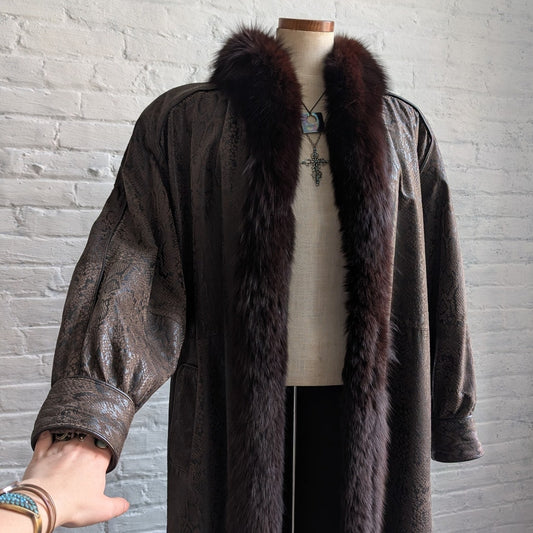 Vintage Black Leather Snakeskin Trench Coat Minimalist Penny Lane Fox Fur Jacket