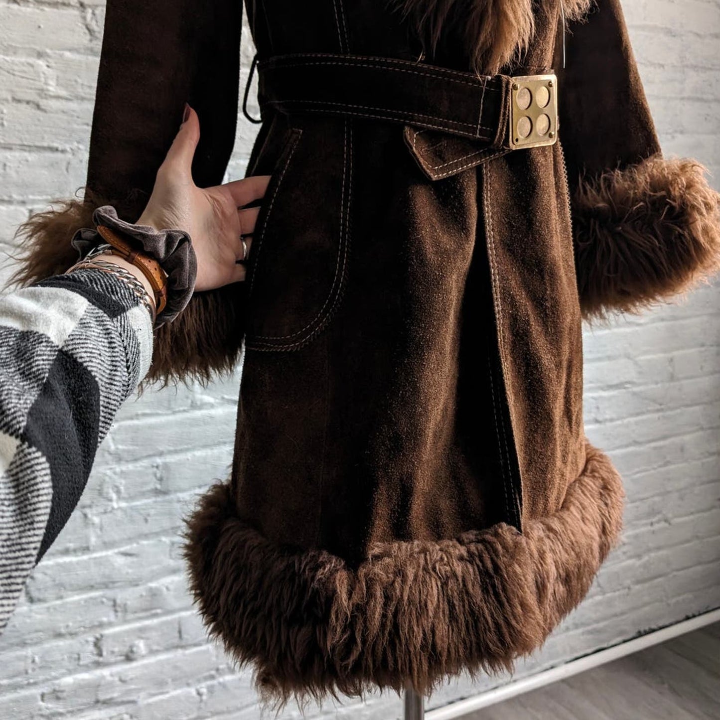 Vintage Penny Lane Fur Furry Genuine Suede Leather Groovy Mod Trench Coat Jacket