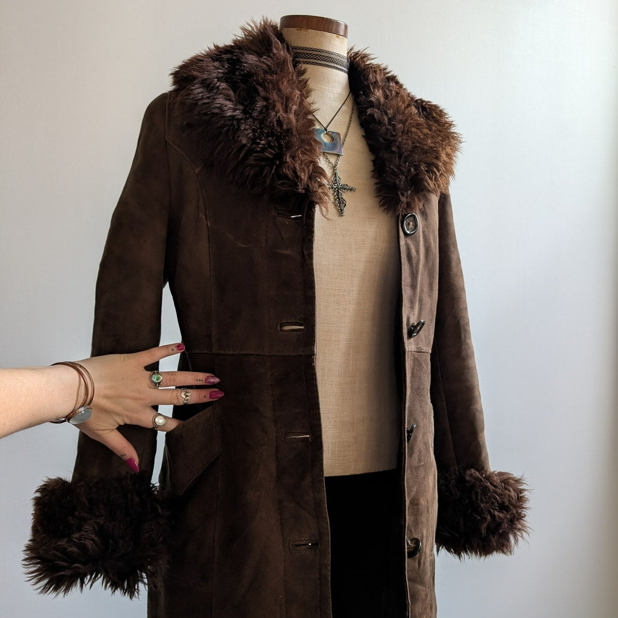 Vintage Brown Suede Penny Lane Jacket Fur Furry Leather Groovy Trench Coat Small