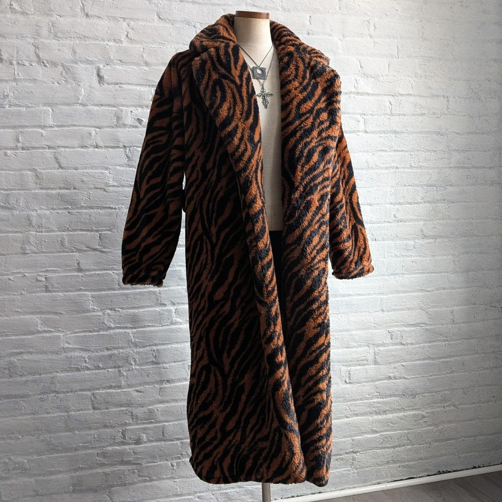 Y2K Orange Cheetah Faux Fur Trench Coat Striped Animal Print Fuzzy Furry Jacket