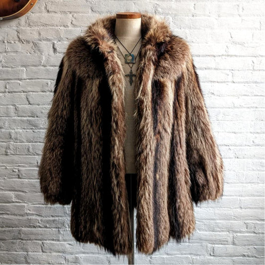 70s Vintage Mob Wife Raccoon Fur Coat Coat Groovy Furry Shag Oversize Jacket