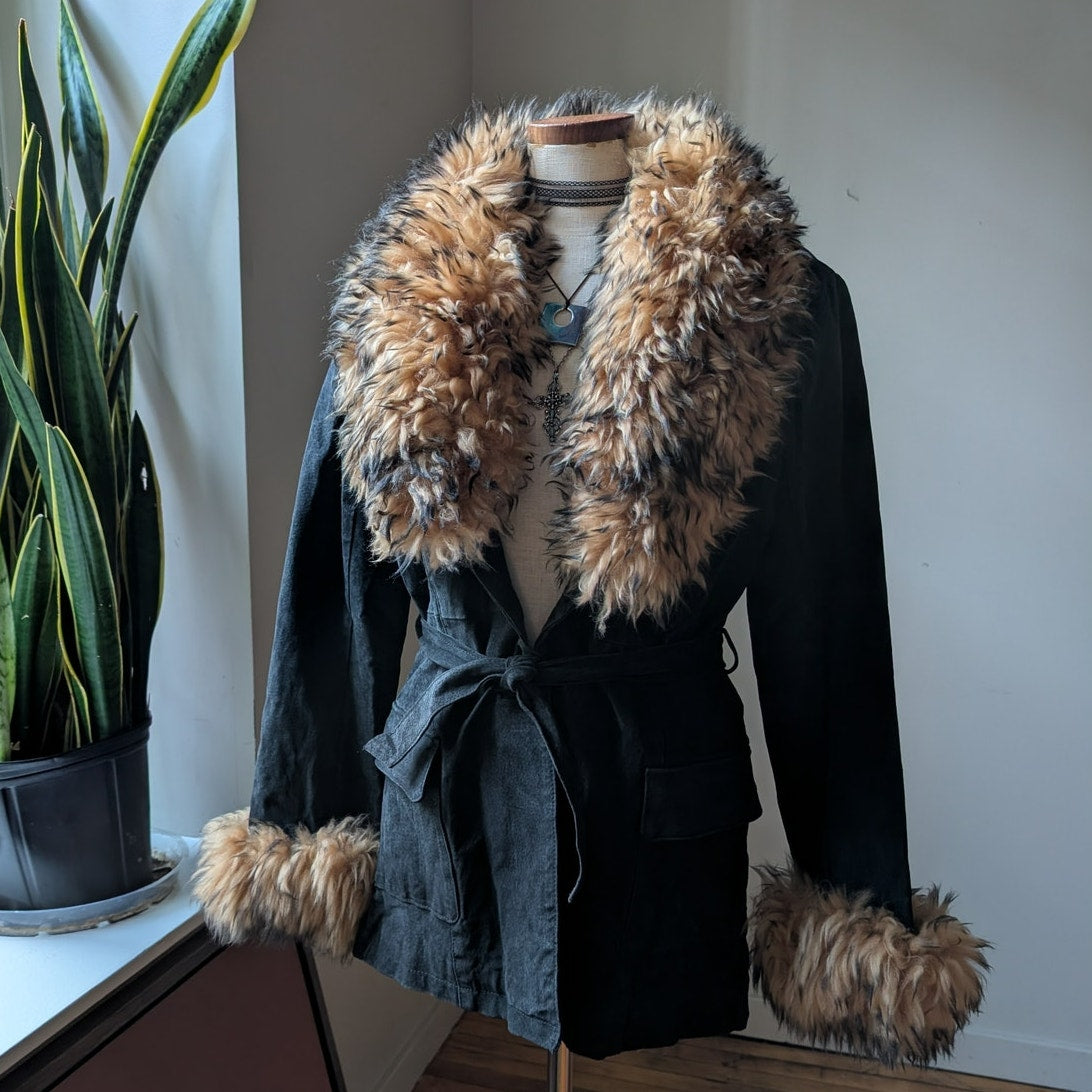 Vintage Black Leather Jacket Suede Fur Coat Penny Lane Trench Boho Afghan Small