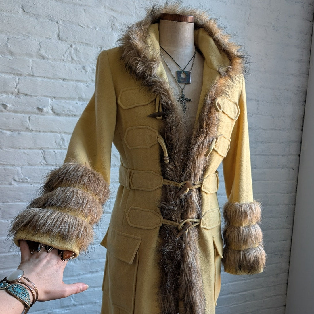 Vintage Yellow Wool Trench Coat Groovy Penny Lane Jacket Faux Fur Coat Medium