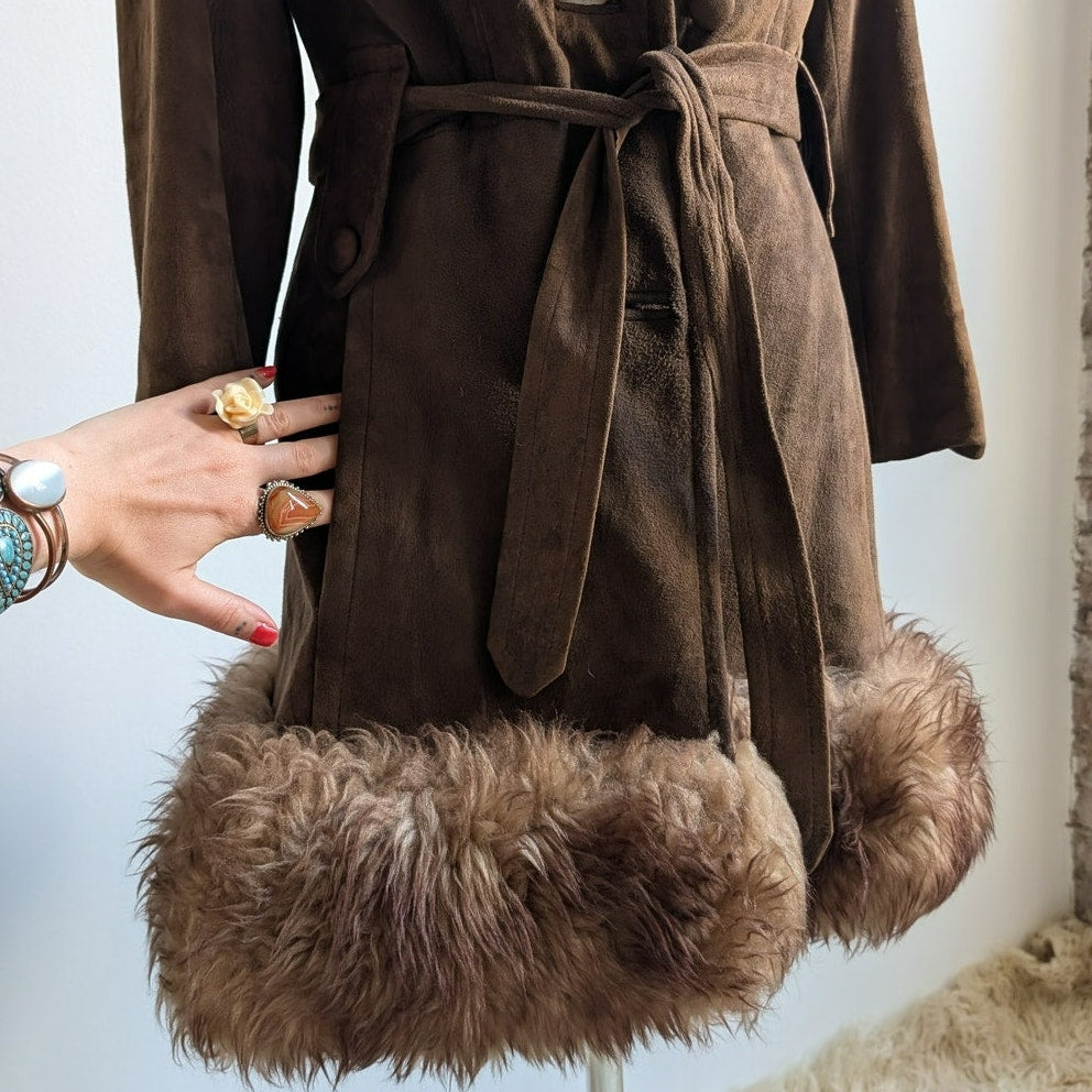 Vintage Brown Suede Fur Trim Penny Lane Jacket Genuine Leather Trench Coat Small