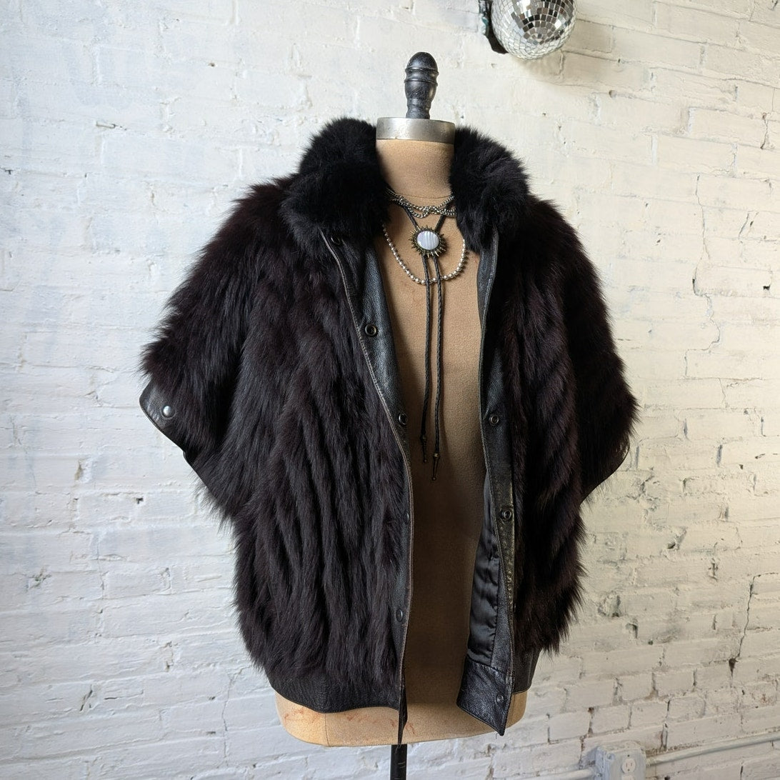 Vintage Black Leather Fox Fur Biker Jacket Minimalist Grunge Goth Moto Vest Coat
