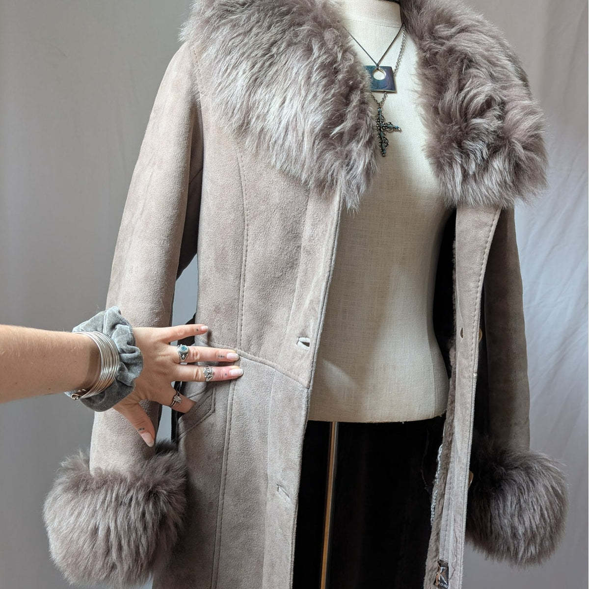 Vintage Brown Suede Penny Lane Jacket S Shearling Fur Coat Chic Leather Trench