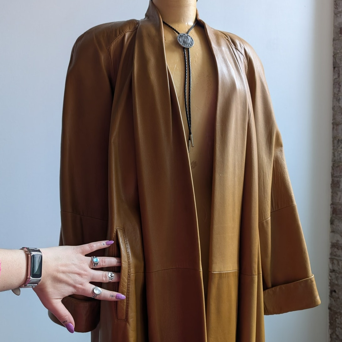Vintage Brown Leather Trench Coat Boho Western Minimalist Neutral Jacket Large