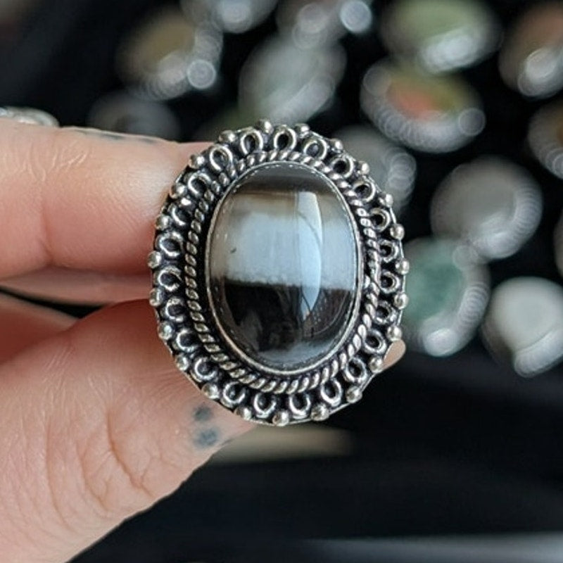 Oval Black Statement Ring Sterling Silver Ring Vintage Boho Natural Stone 7.5