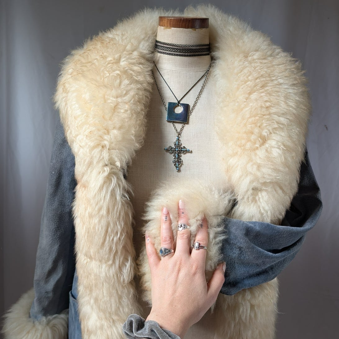 Vintage Blue Suede Afghan Coat S Penny Lane Jacket Fur Furry Leather Trench Coat