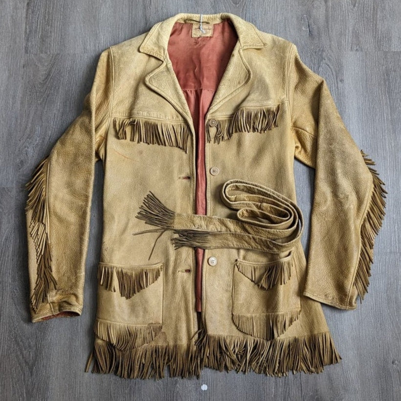 Vintage Tan Leather Fringe Jacket Western Minimalist Witchy Boho Cowgirl Blazer