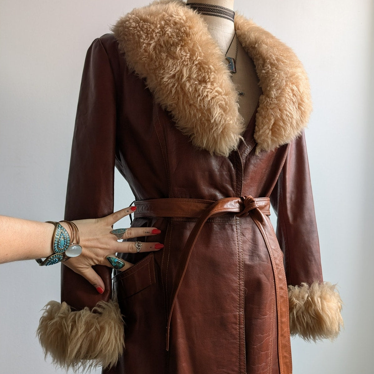 Vintage Leather Jacket Red Brown 70s Penny Lane Trench Coat Afghan Fur Medium