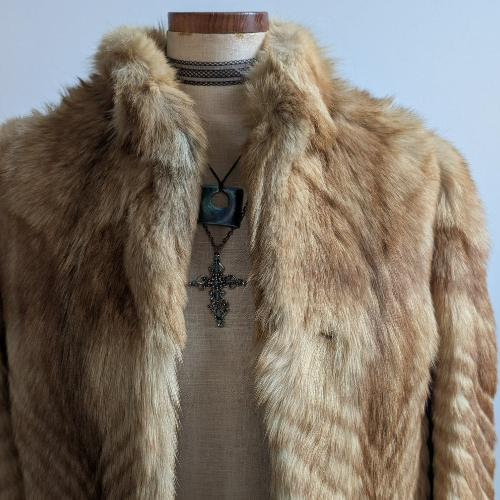 Vintage Brown Fur Coat Coyote Fox Fur Trim Coat Tan Neutral Winter Jacket Medium