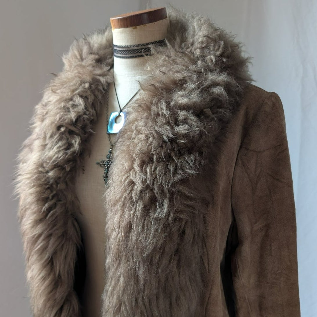 Vintage Brown Suede Fur Trim Afghan Coat L 70s Leather Penny Lane Coat Neutral