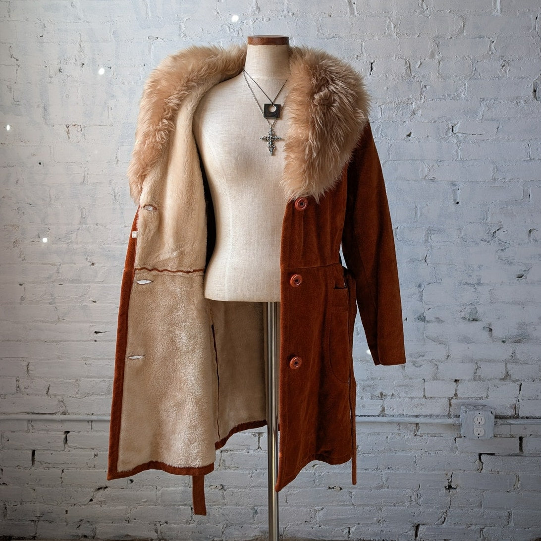Vintage Orange Suede Penny Lane Jacket Leather Trench Coat Faux Fur Coat Large