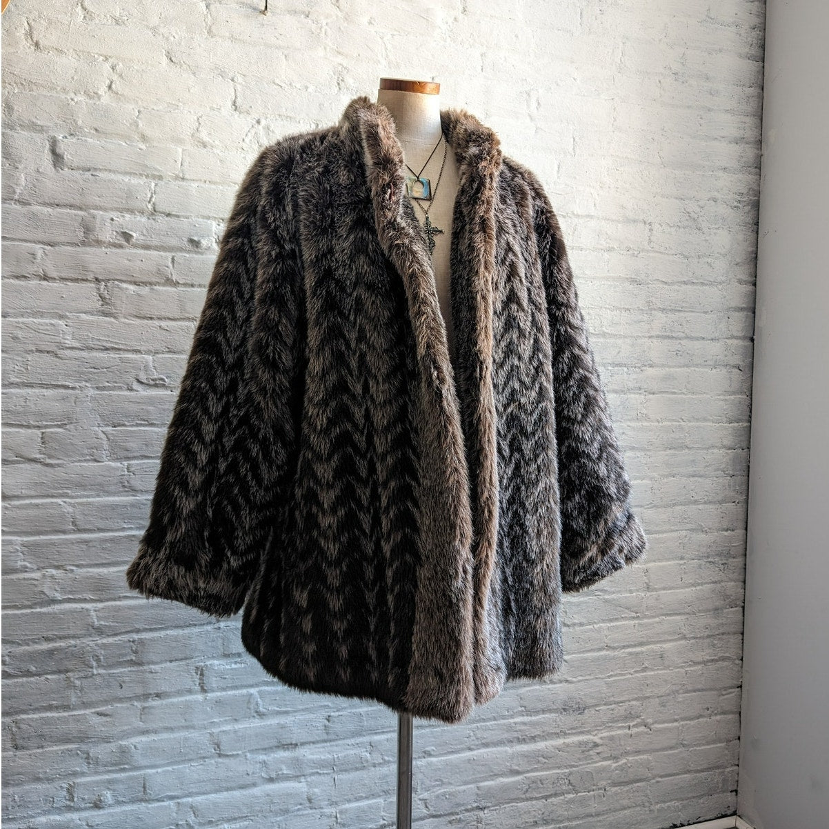 Vintage Brown Chevron Faux Fur Coat Groovy 70s Shaggy Festival Penny Lane Jacket