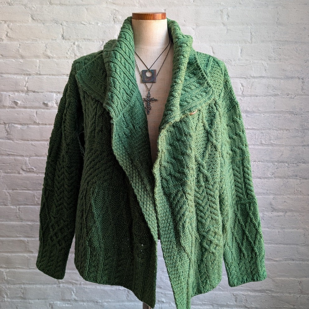 Vintage Green Wool Cable Knit Grandpa Sweater Minimalist Chunky Cardigan Top