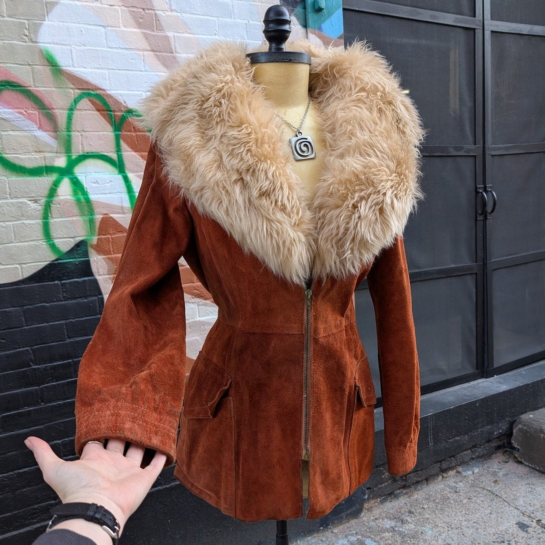 70s Penny Lane Groovy Suede Fur Jacket Furry Genuine Leather Mod Trench Coat