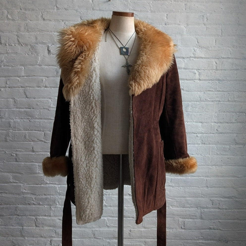Vintage Brown Suede Penny Lane Coat Faux Fur Furry Afghan Leather Groovy Jacket