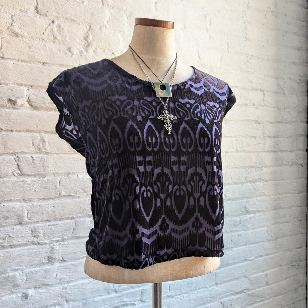 Y2K Blue Velvet Top Psychedelic Burnout Tee Knit Crop Top Dark Romance Medium