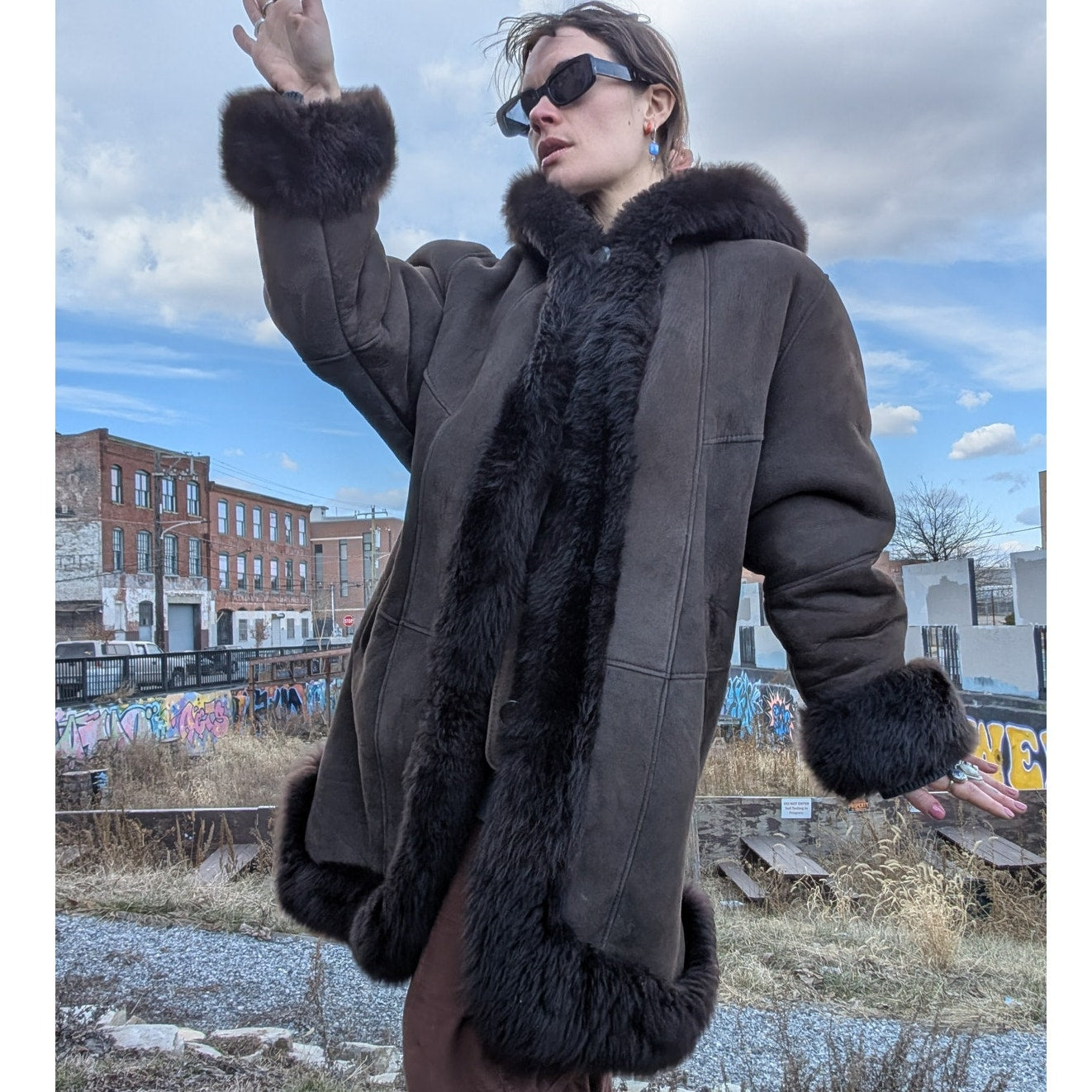 Vintage Brown Suede Fur Jacket Penny Lane Fur Furry Leather Groovy Trench Coat