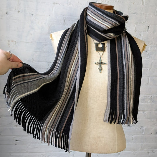 Vintage Blue Knit Wool Striped Scarf Preppy Retro Minimalist Knit Fringe Wrap