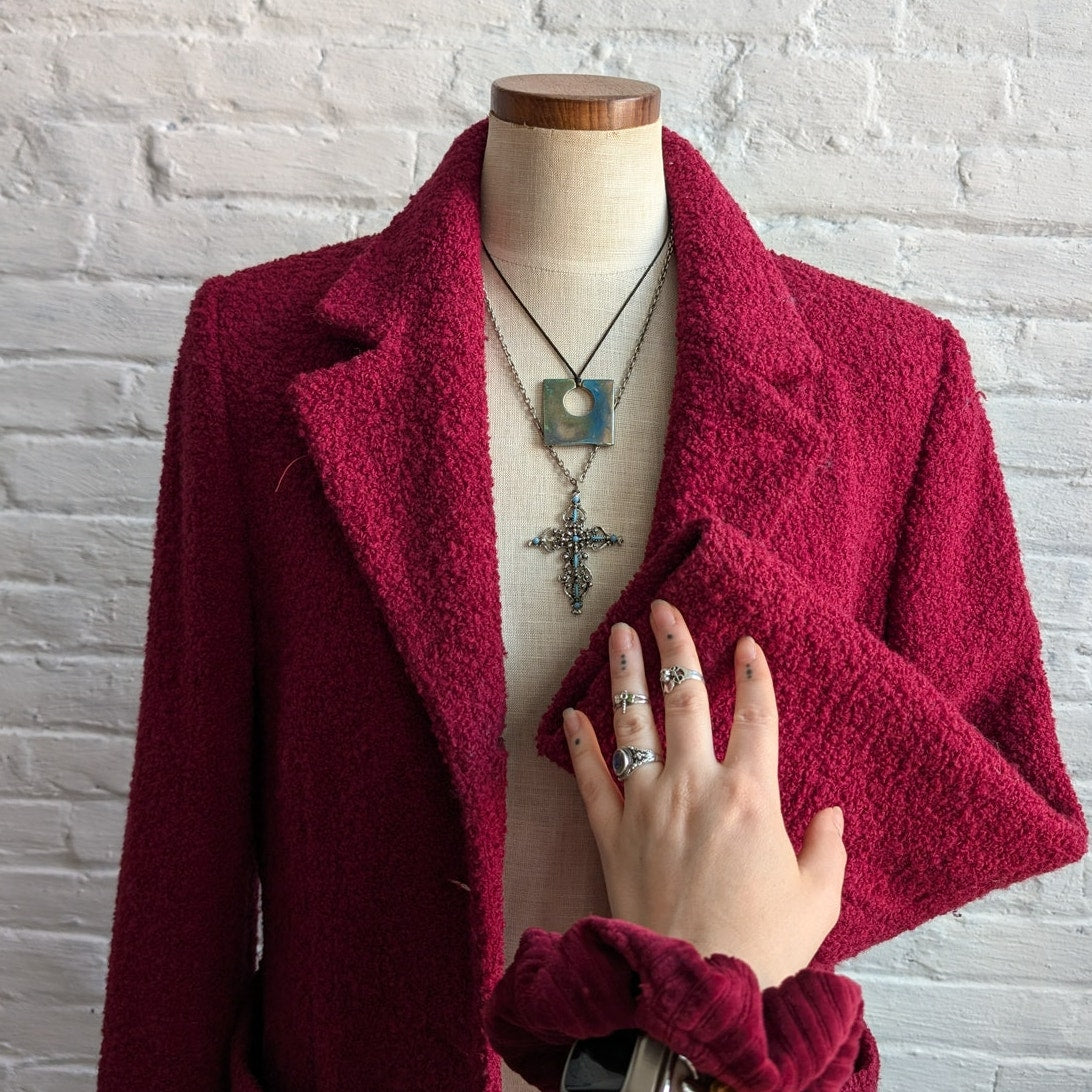 Y2K Vintage Red Trench Coat Boucle Knit Jacket Maroon Pink Wool Jacket Medium