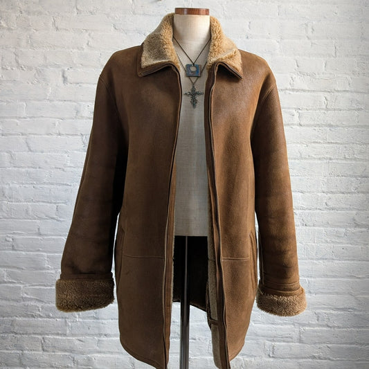 Vintage Brown Suede Leather Penny Lane Coat Minimalist Western Shearling Jacket