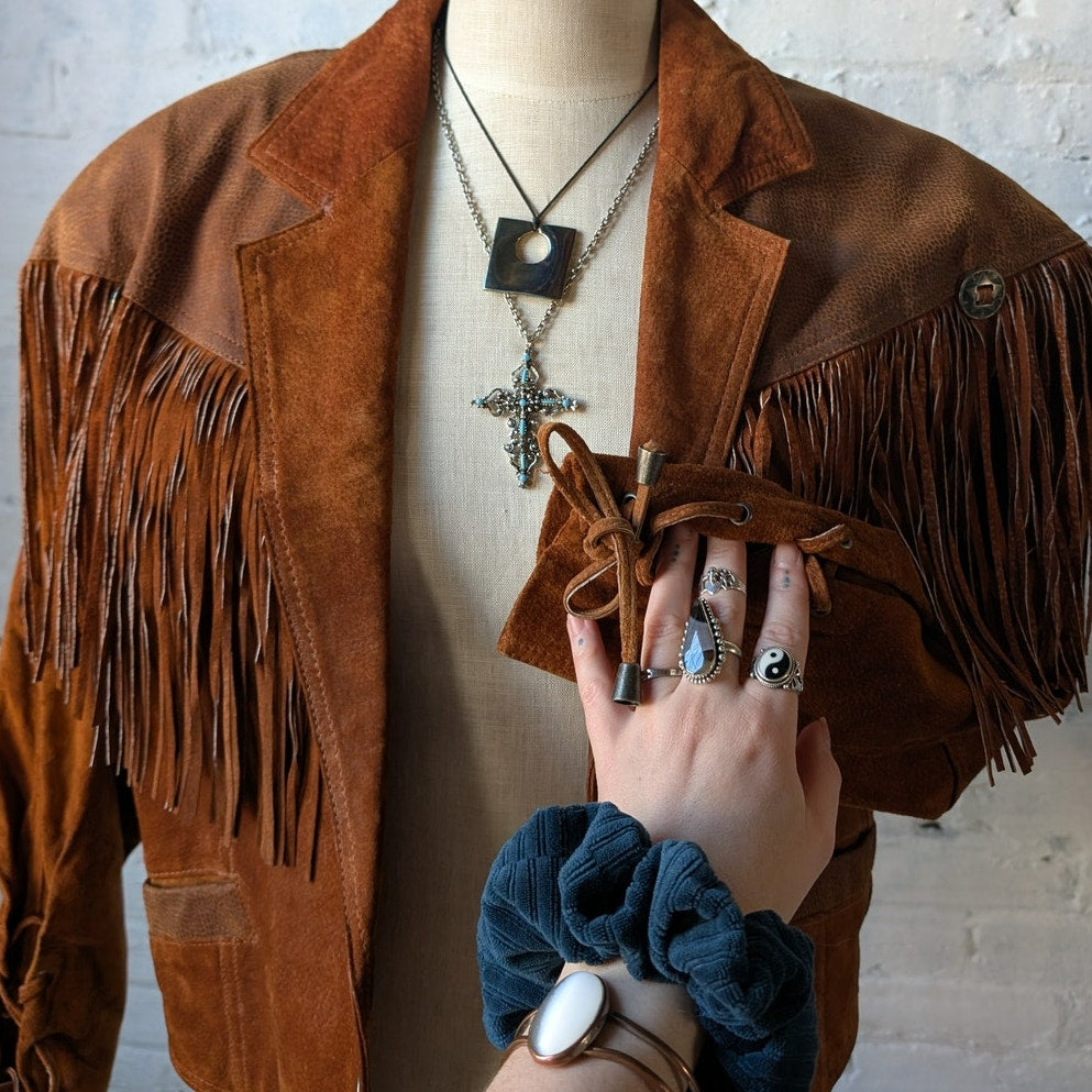 Vintage Rust Orange Brown Suede Leather Jacket Fringe Biker Western Moto Coat