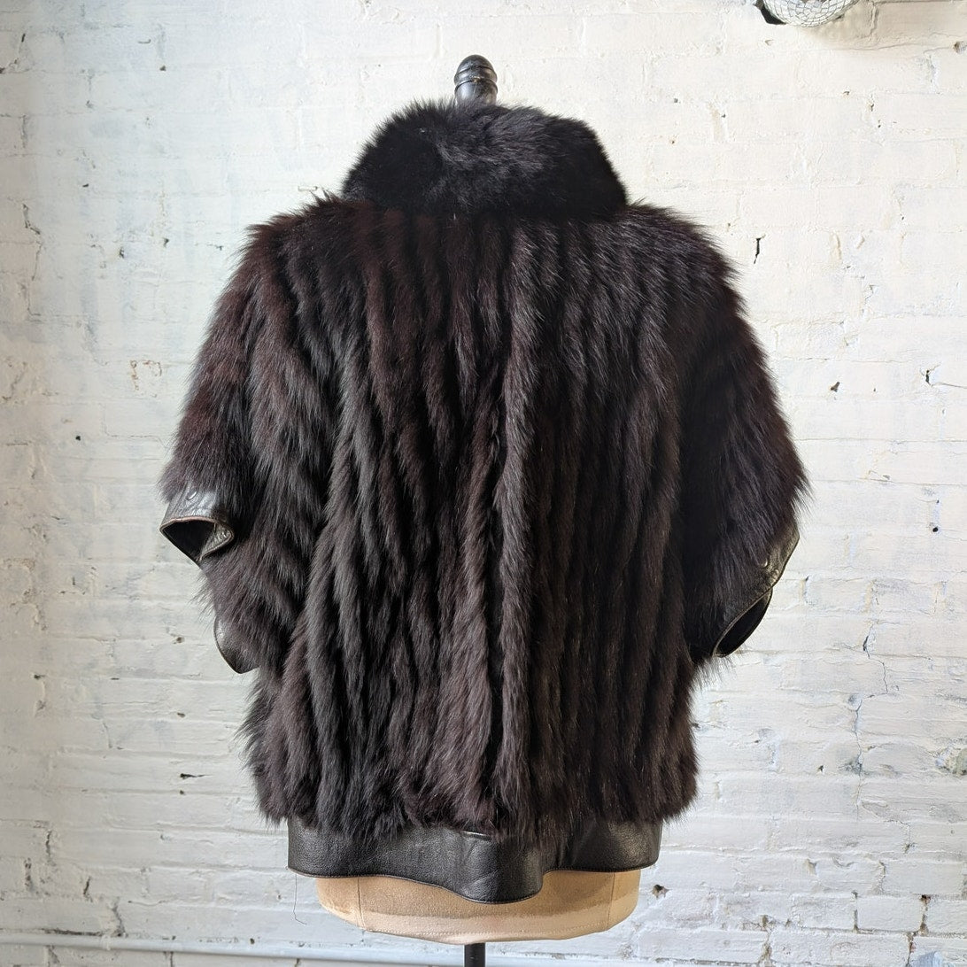 Vintage Black Leather Fox Fur Biker Jacket Minimalist Grunge Goth Moto Vest Coat