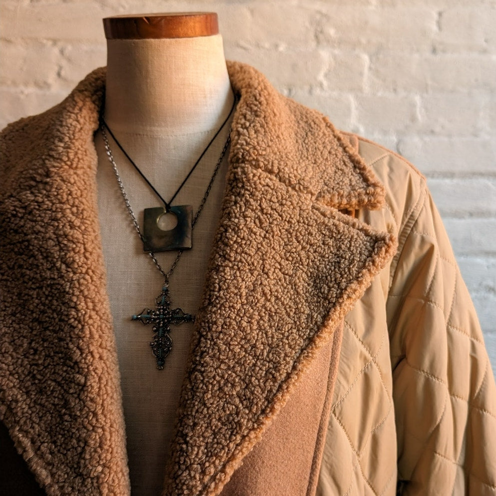 Brown Faux Fur Coat Teddy Jacket Quilted Puffer Coat Designer Reversible Medium