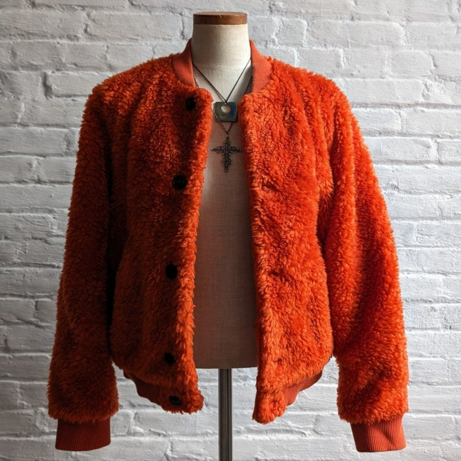 Uniqlo Faux Fur Orange Coat Fuzzy Bomber Indie Retro Statement Preppy Jacket